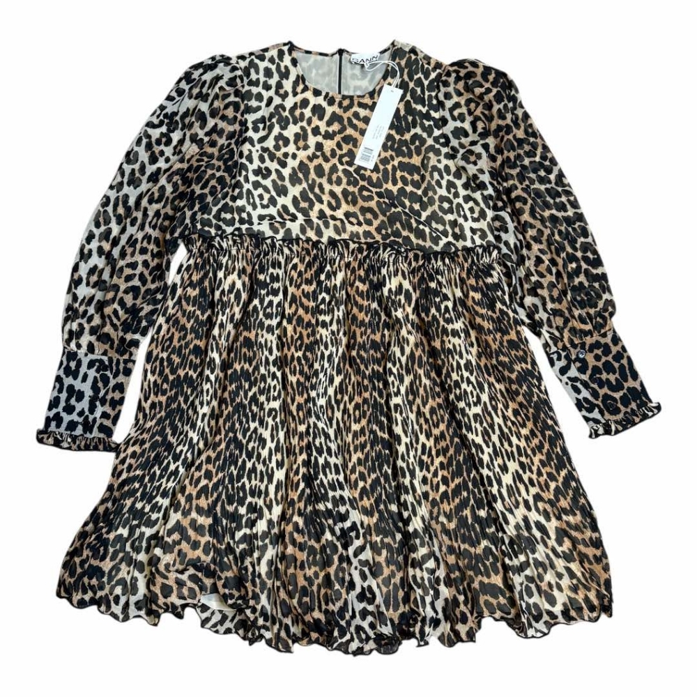 GANNI Pleated Georgette Mini Dress Leopard Babydoll Oversized Size 34 US Small - Picture 5 of 7